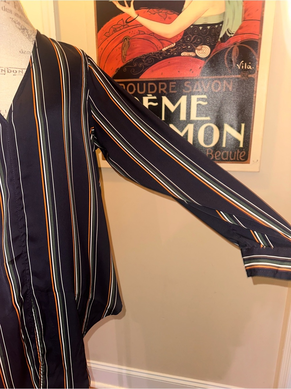 Max Studio long Navy Multi-Stripe V-Neck Long Sleeve Dress - Picture 6 of 8